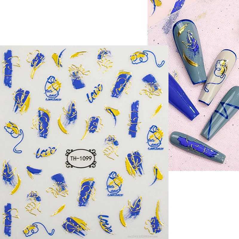 3D Nail Art Stickers Golden Wave Line Marble Blue Geometry Abstract Flowers Nail Art Sliders Decals Foils Manicure DecorationsXJ240814