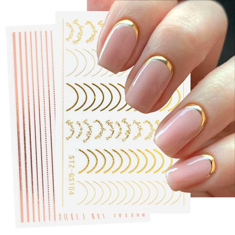 3D Simple Lines Nail Stickers Rose Gold Metal Stripe Letters Decals Curve Gel Nails Art Sliders Polish Manicure Decor BESTZGS014XJ240814