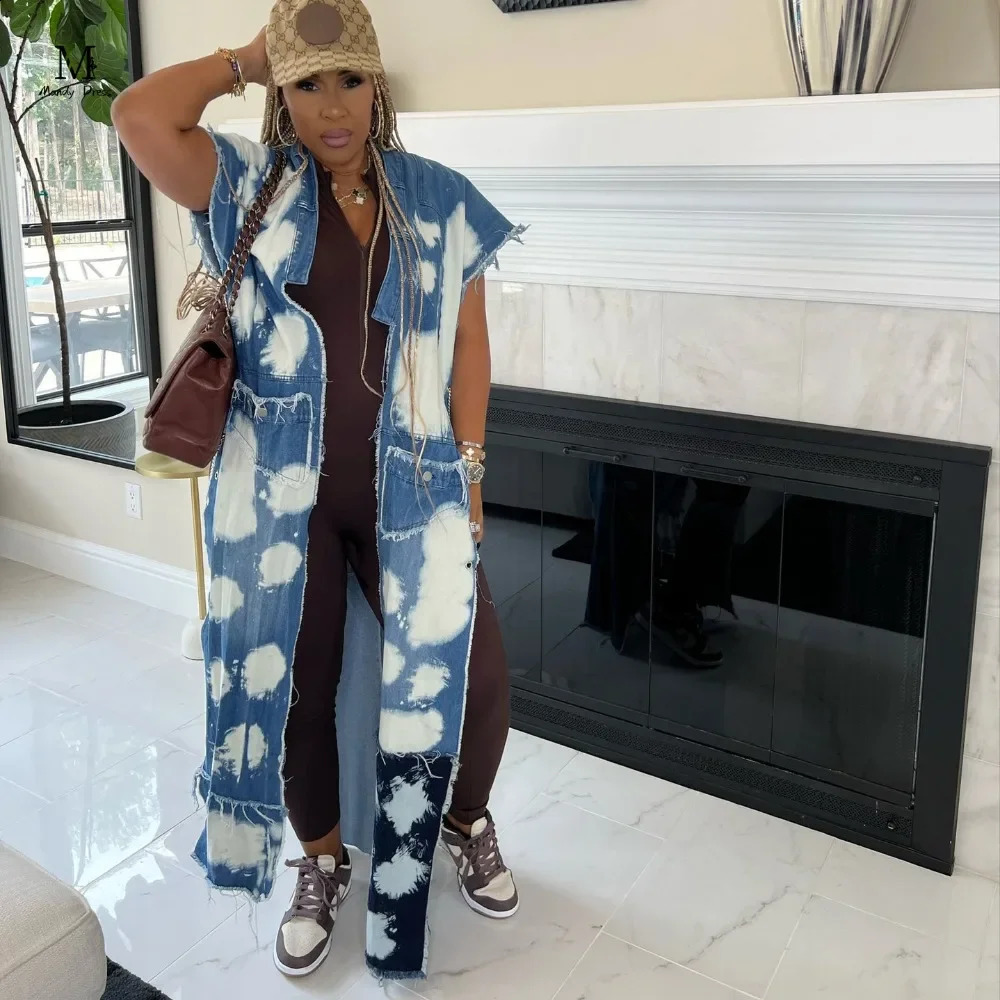 Streetwear Women Long Jacket Sleeveless Chain Patchwork Slit Y2K Clothes Fashion Cotton Washed Denim Coats 240814