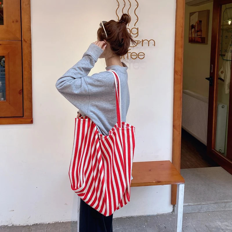 Summer Stripe Canvas Tote Bag Female Casual Large Capcity Handle Bag Simple Shoulder Bags Shopping Handbag Daily feminina 240819
