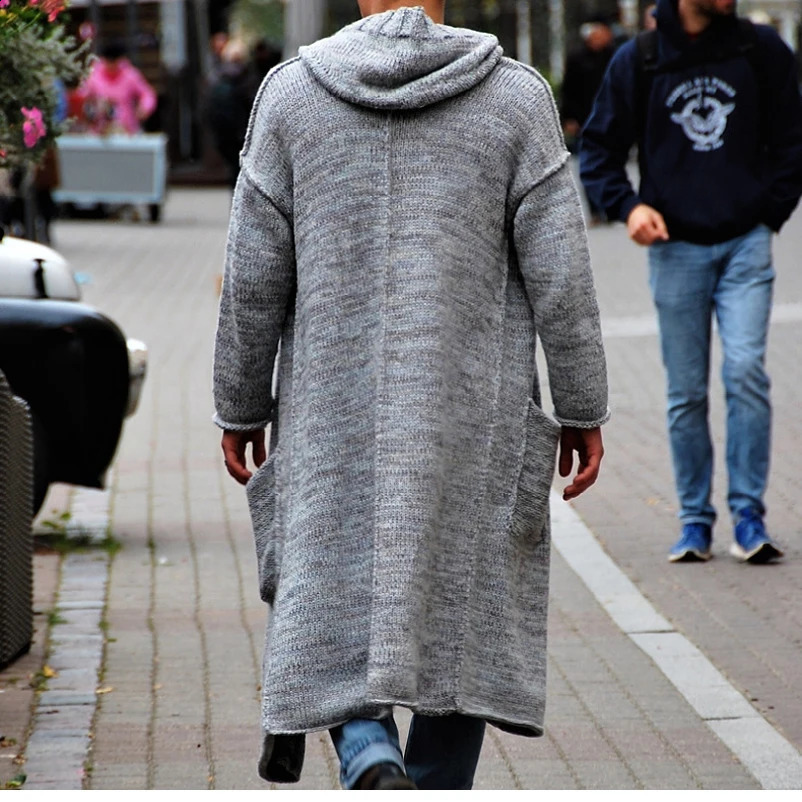 Winter Mens Vintage Hooded Thin Sweater Cardigan Long-sleeve Knitwear Loose Long Hoodie Coat for Men Casual Knitted Warm Jacket 240814
