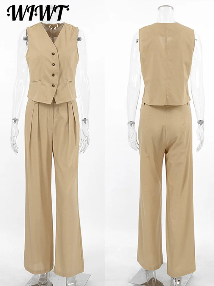 Elegant Cotton Linen Vest Pants Set Women Single Breasted V-neck Sleeveless Tank Top Wide Leg Trousers Summer Lady Outfits 240815