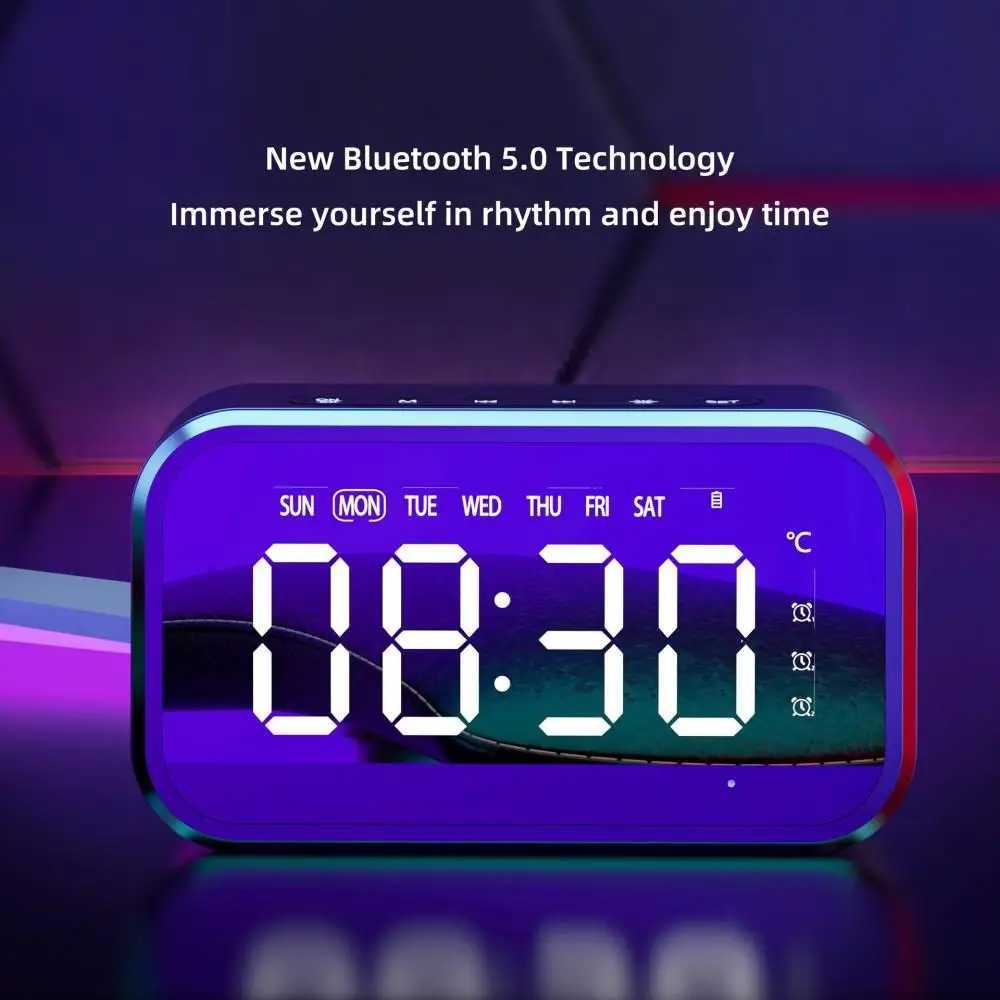 Rechargeable Digital Alarm Clock TEMP Week 3 Alarms FM Radio LED Table Clock Stereo Sound TF Card Playback Wireless SpeakerM240814