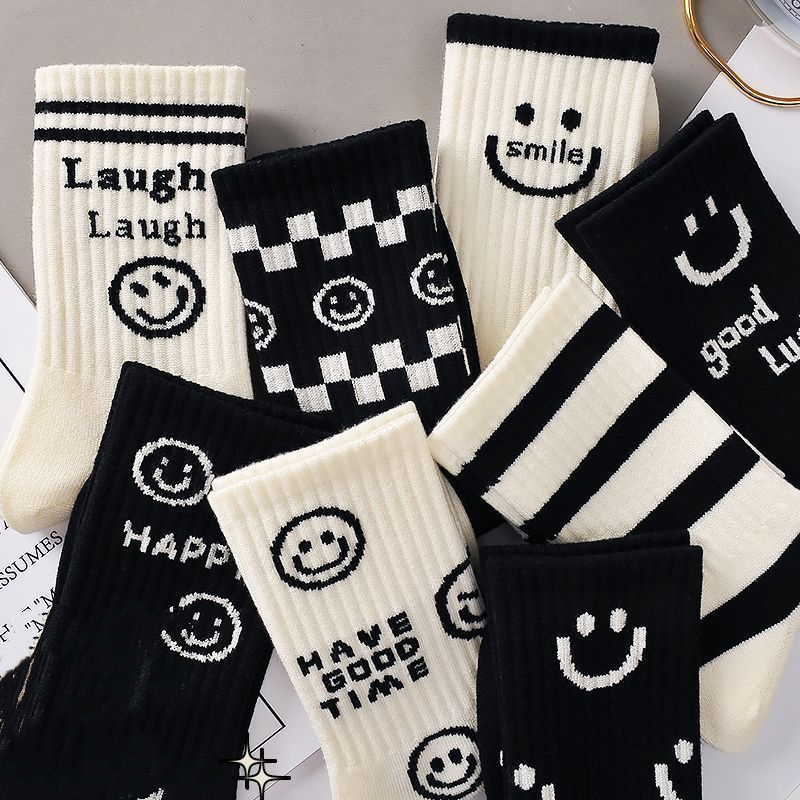 Stylish Mid-Thigh Black Tights for Kids with Whimsical White Smiley Design - Perfect Street College Style Accessory