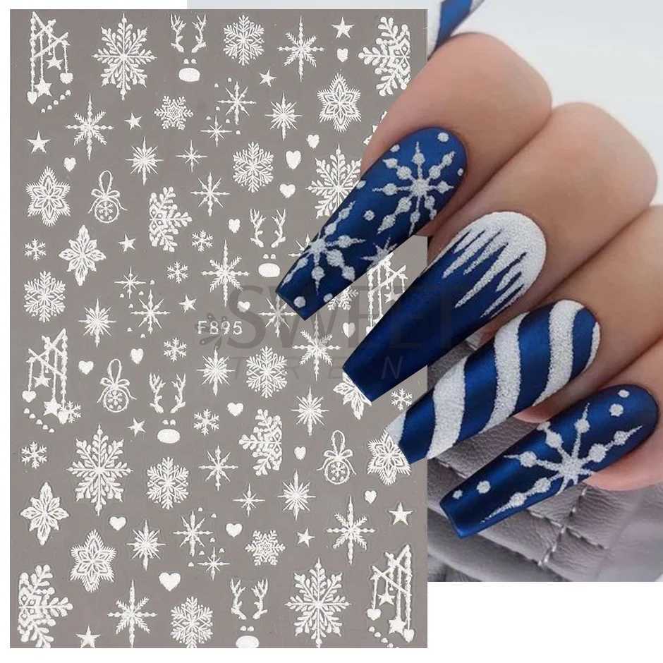White Snowflakes Winter Festive Stickers Nail Art Decoration Decals Glitter Snowman/Elk/Snow Charms Xmas Manicure 2023 JIF896XJ240814