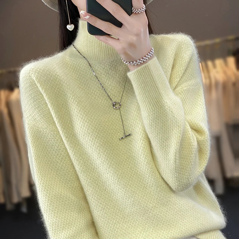 DjzDsm 100% mink cashmere fleece sweater autumnwinter half turtle neck loose wool thickest womens bottom 240814