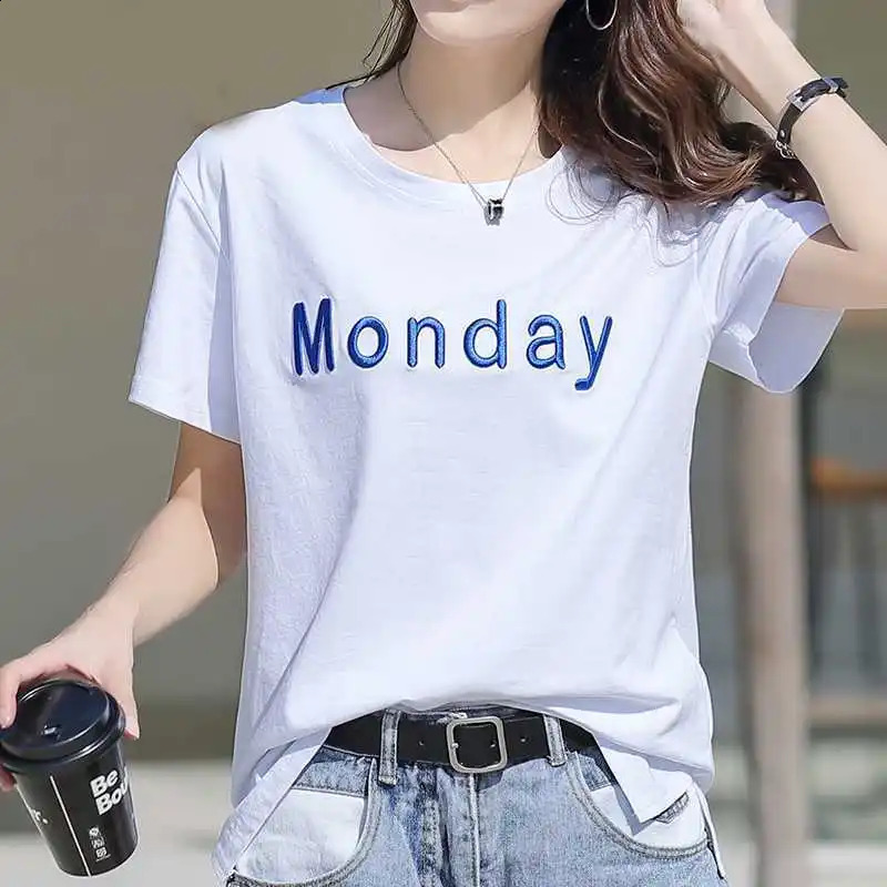 Cotton letter embroidered split Tshirt suitable for womens summer short sleeved loose plus size weight loss casual top 240814