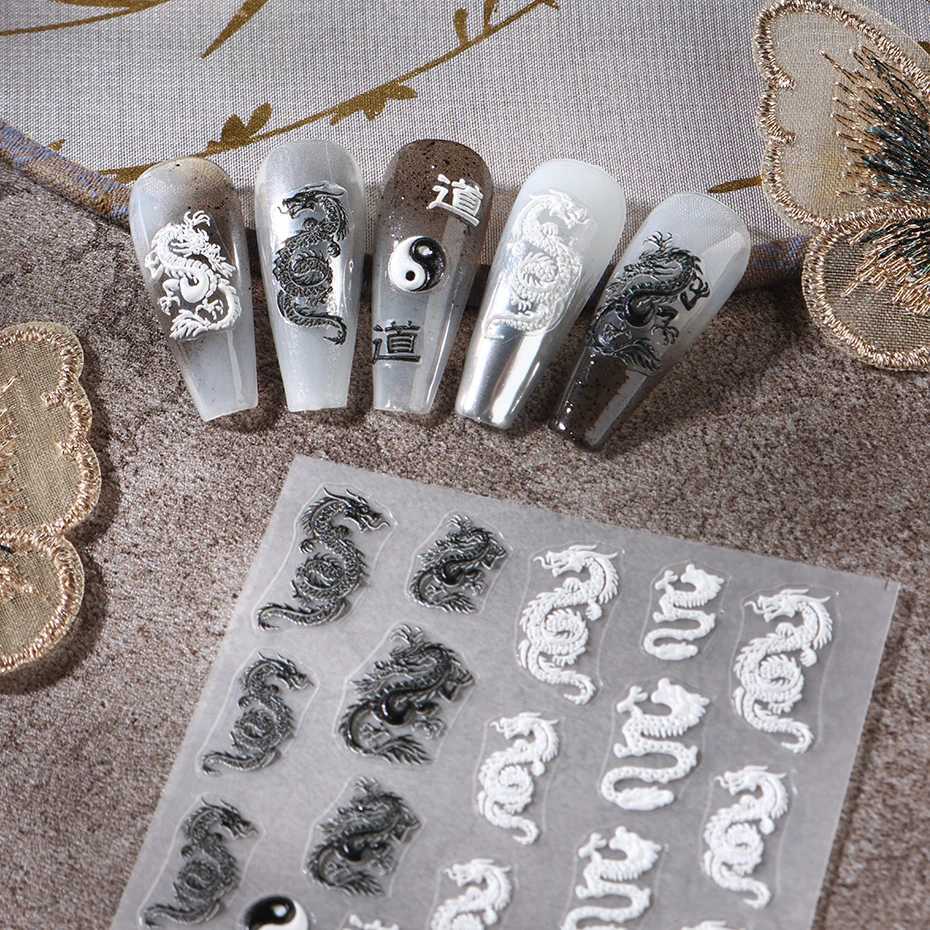 5D Dragon Snake Nail Decoration Art Stickers Black White Red Dragon Snake Chinese Character Design Gothic Style Sliders ManicureXJ240814