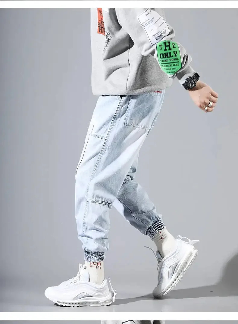Korean Fashion Ankle Banded Denim Men Jeans Black Gray Cargo Pants for Men Elastic Baggy Harem Pants Streetwear Hip Hop Jeans 240814