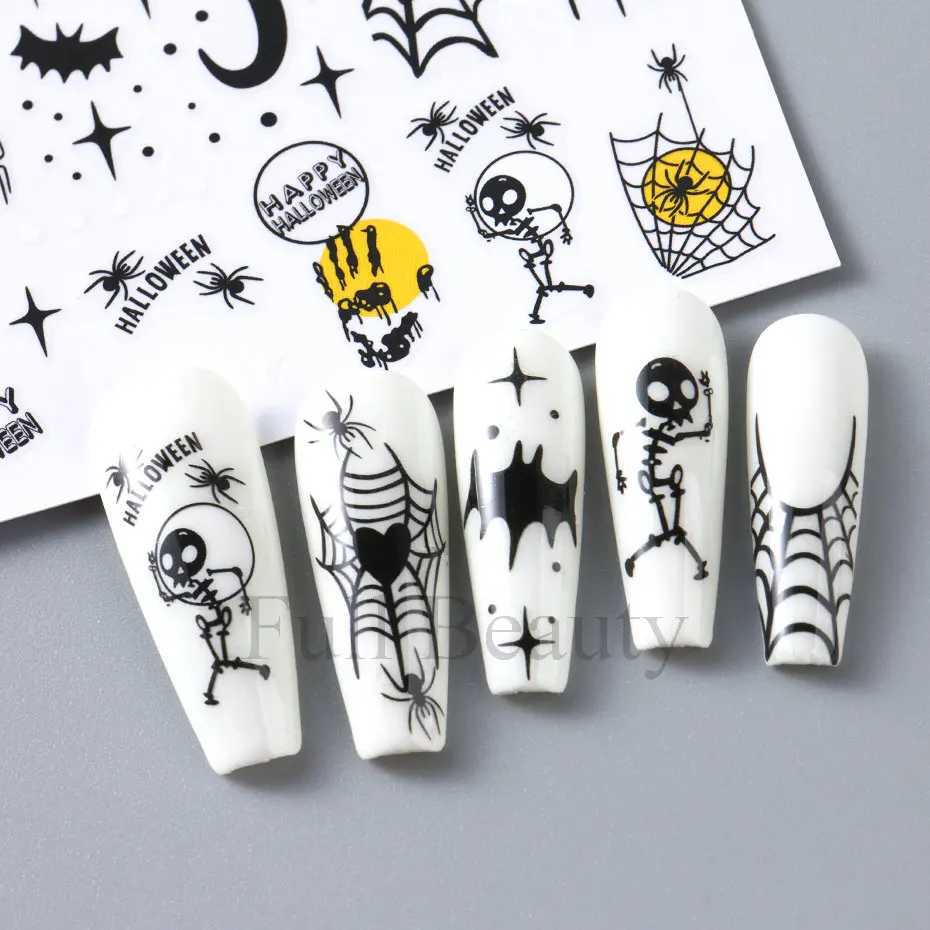 3D Halloween Skull Pumpkin Nail Art Stickers Black Cat Ghost Spider Web Design Nail Adhesive Decals Tattoo Decorations ManicureXJ240814