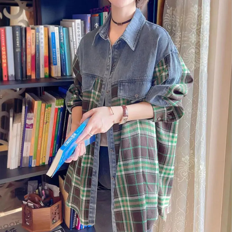 Spring Autumn Vintage Plaid Denim Jackets Womens Clothing Casual Turn-down Collar Stylish Patchwork Single-breasted Loose Coats 240814