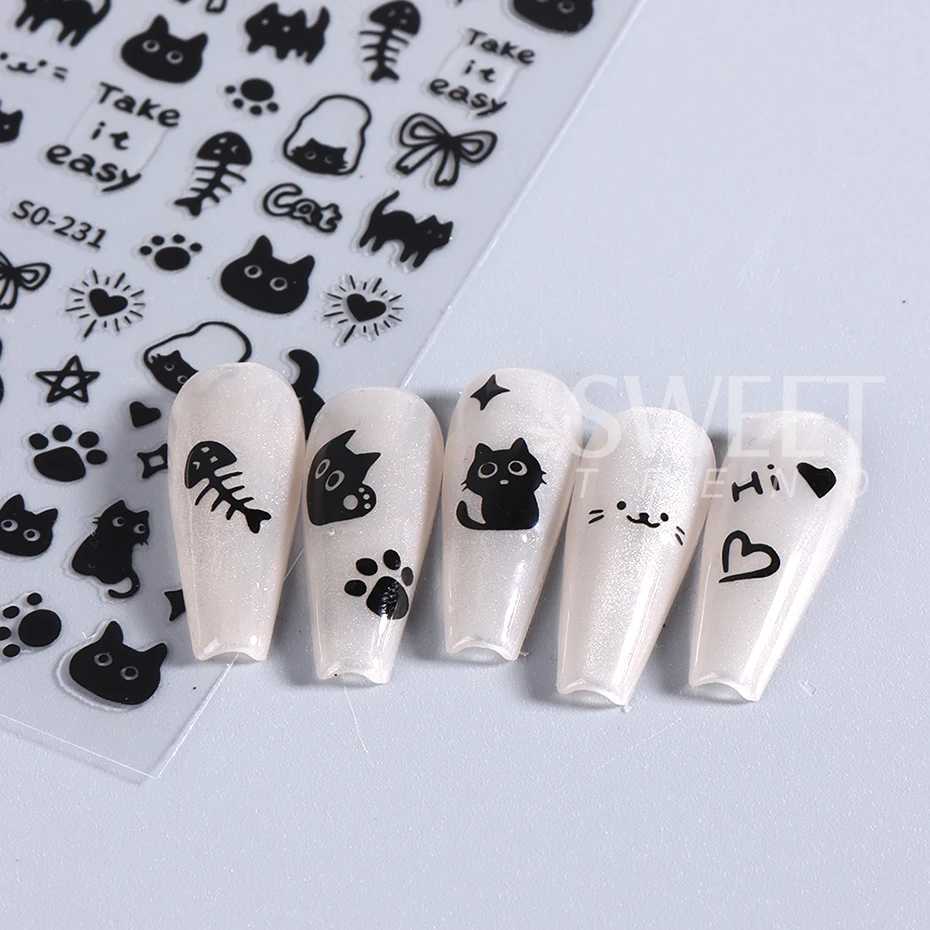 2pcs 3D Black Kawaii Cat Nail Stickers Decals Love Heart Y2K Star Bow Cartoon Self Adhesive Nail Sliders Decorations ManicureXJ240814