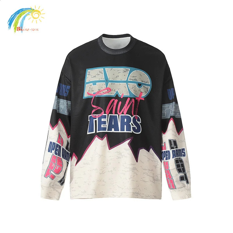 Purple Black Blocked Tears Tshirt Mens Hip Hop 100% Cotton Top Classic Printed Long Sleeve 240815