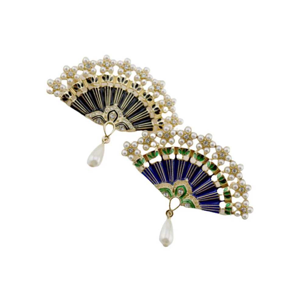 2 Pin Badges Christmas Party Brooch Blue and Black Fan Rhinestone Retro W240815