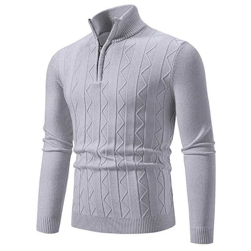 New Knitted Sweaters Mens Solid Color Warm Zipper Collar Fashion Slim Fit Micro Elastic Pullover Turtleneck Harajuku SweaterXJ240814