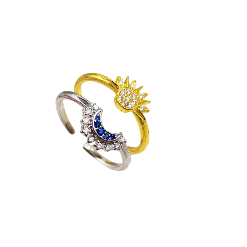 Designer ring cross-border burst paragraph Europe and the United States hot sale simple shiny sun moon blue diamond stacked celestial couple open ring
