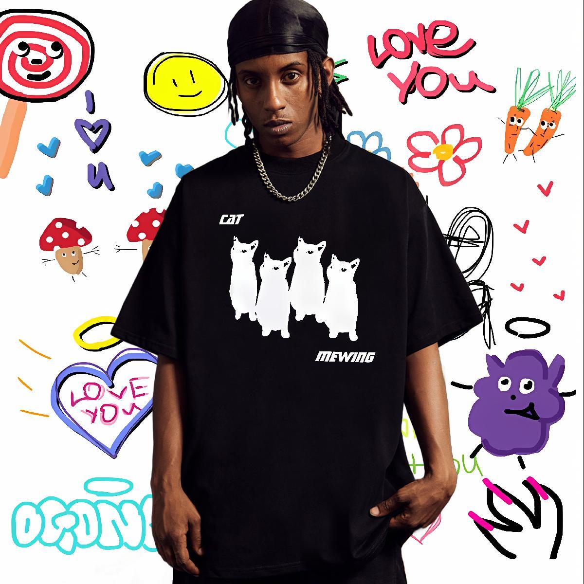 Popular Mens T Shirts cat Breathable Short Sleeve Daily Wear Floral Print 230g Pure Cotton Men Tshirts 2024 Designer Polos