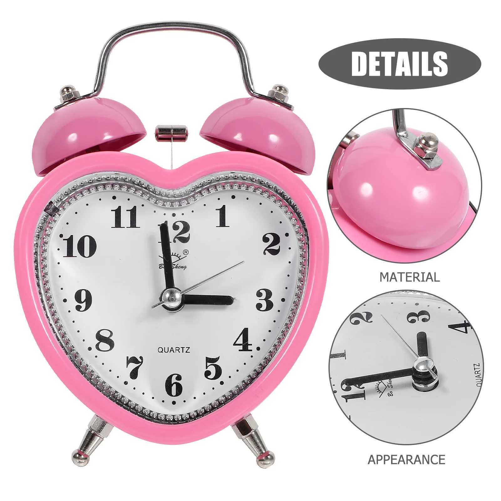 PVC Alarm Clock Heart Shape Bedside Table Silent Sweep Movement Operated Twin BellM240814