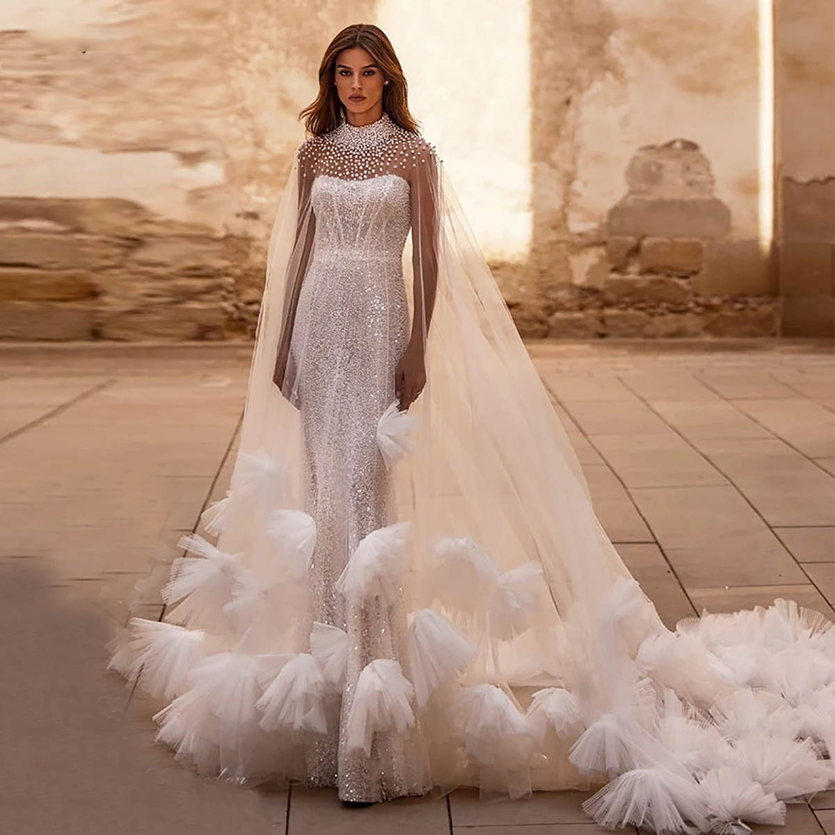 Attractive Long Wedding Wrap Pearls 3D Appliques Tulle High Neck Bride Shawl For Strapless Bridal Dress High Quality Custom Made