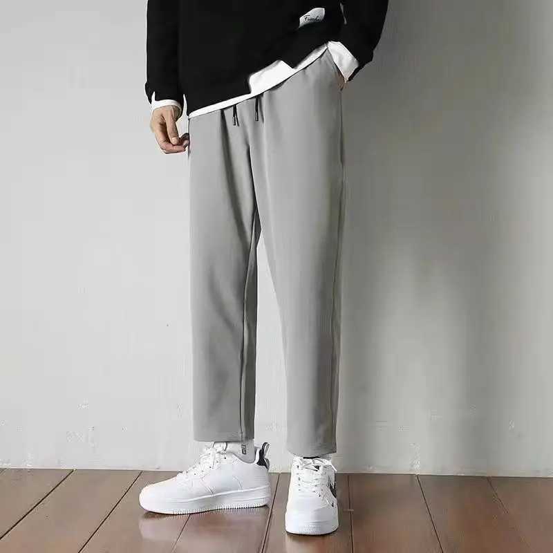2024 Summer New Mens Trouser Elastic Mid Waist Drawstring Pocket Solid Color Loose Comfortable Casual Straight PantsW240725