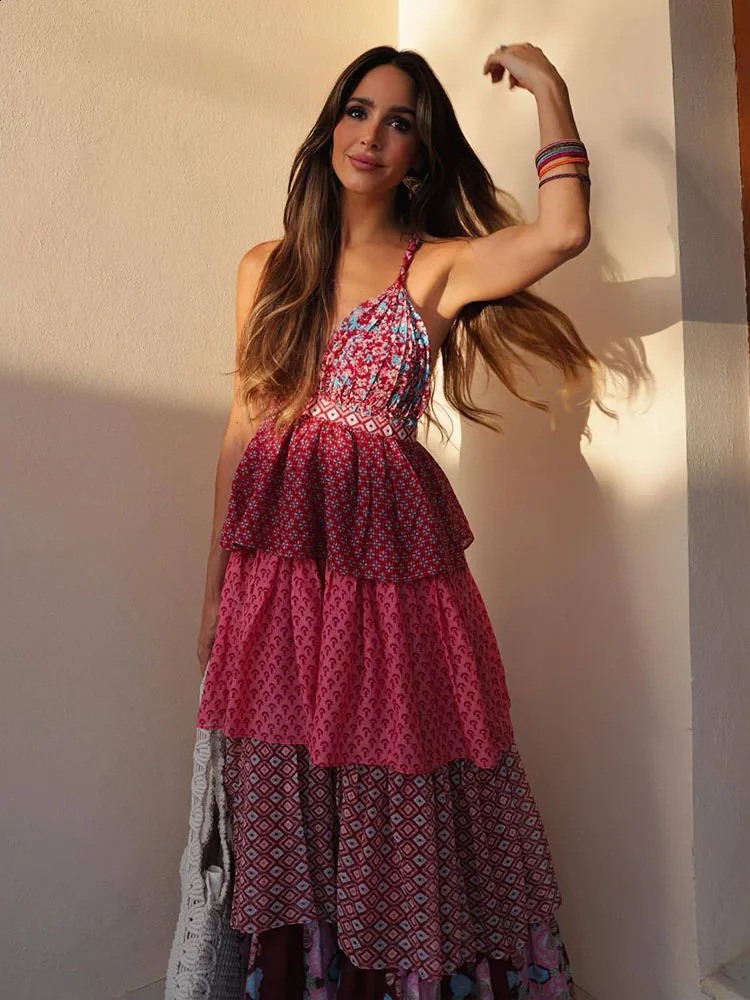 Floral Print Cake Beach Dress Women Elegant Patchwork Strap Sleeveless Backless Midi Dresses Female Summer A-Line Party Robe 240815