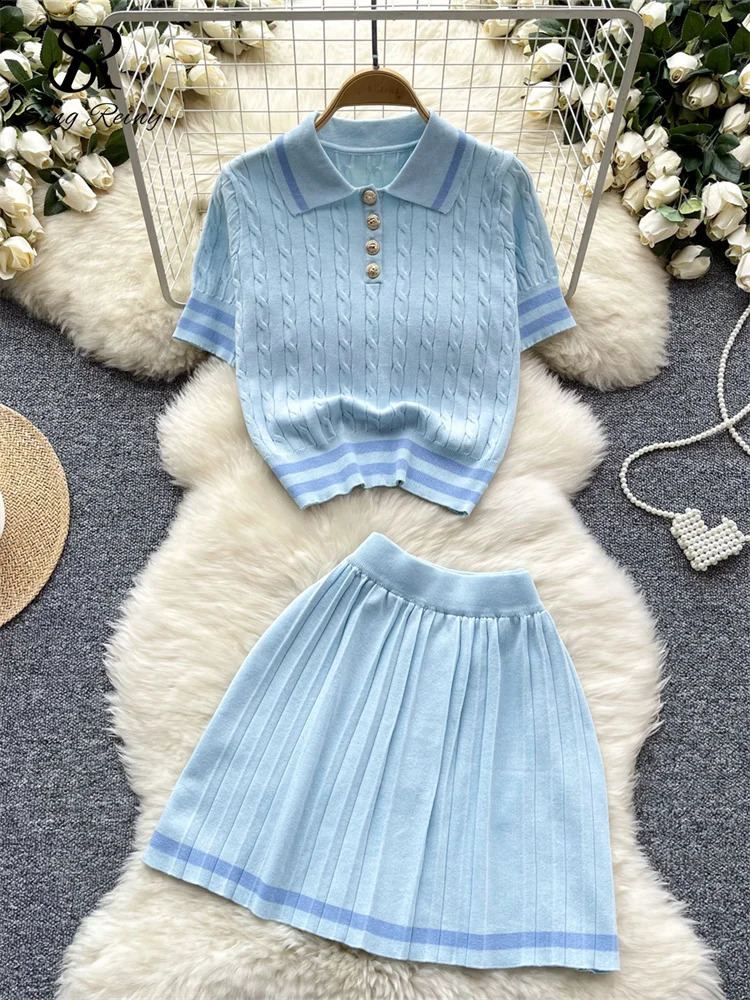 Summer Knitted Two-piece Set Retro Button Top and High-waist Folded Skirt Womens 2024 Fashion Outfit