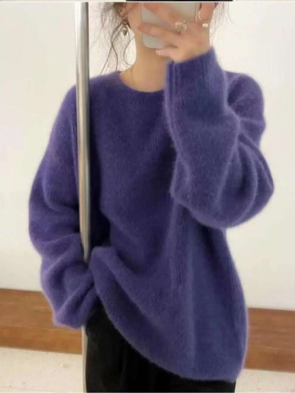 AutumnWinter Round Neck Cashmere Sweater Womens Thick Grey Wool Moher Soft Knitted Long Sleeve Floral Basic Top 240814