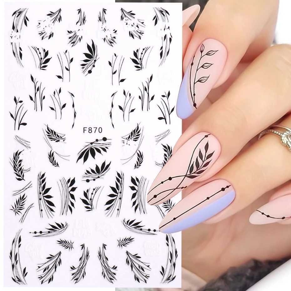 1PC Black Leaf 3D Adhesive Sticker For Nail Geometric Lines Spring Flower Leaves Butterfly Nail Decor Decal Manicure AccessoriesXJ240814