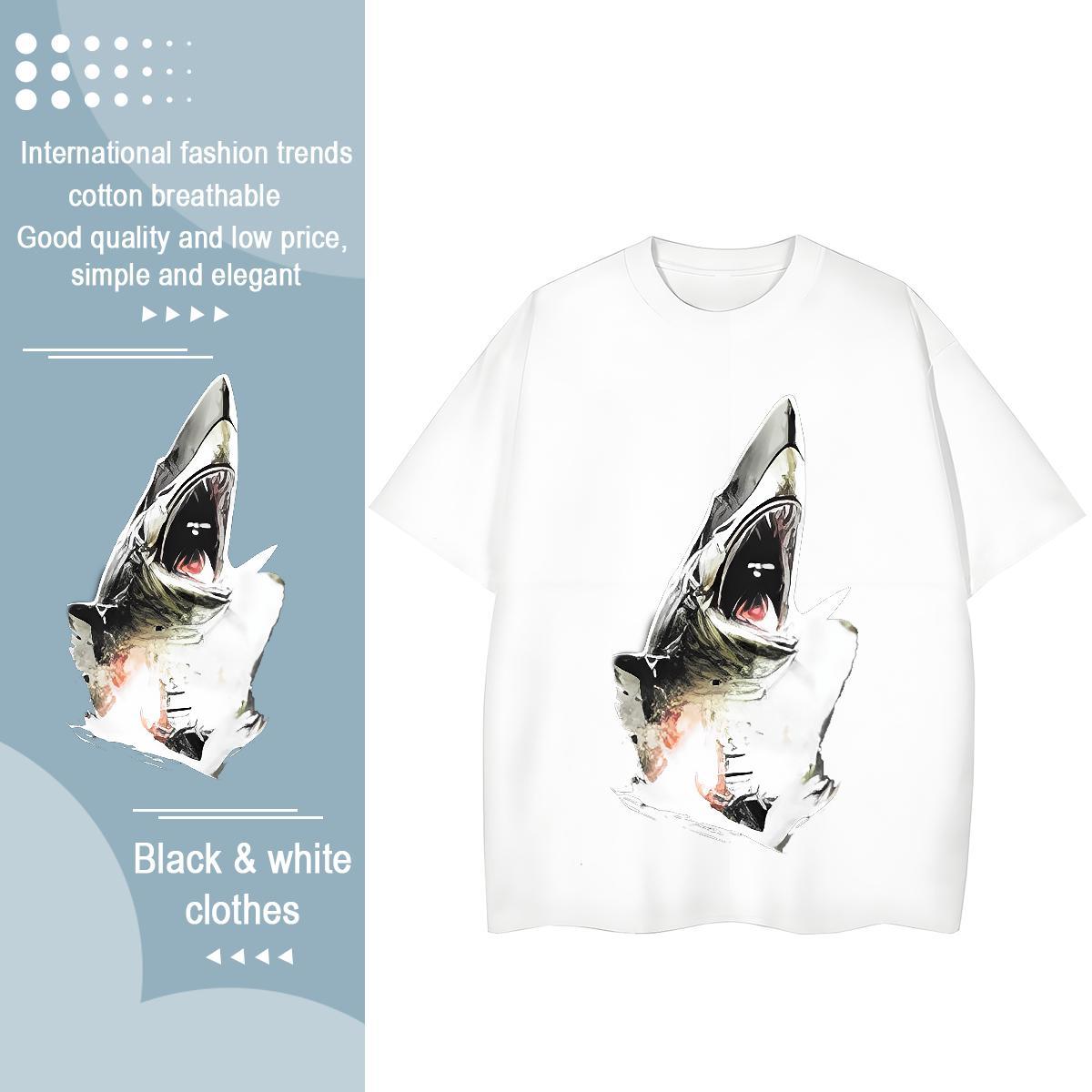 TOP Quality T shirt shark Breathable Short Sleeve Street Casual Plus Size Cartoon 230g Pure Cotton Men Tops Tees Customized Wear