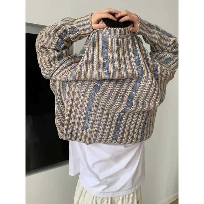 Striped Knitted Sweater For Men Korean Clothing Mens Winter Sweater Knitted Top Mens Winter Pullover 2024 NewXJ240814
