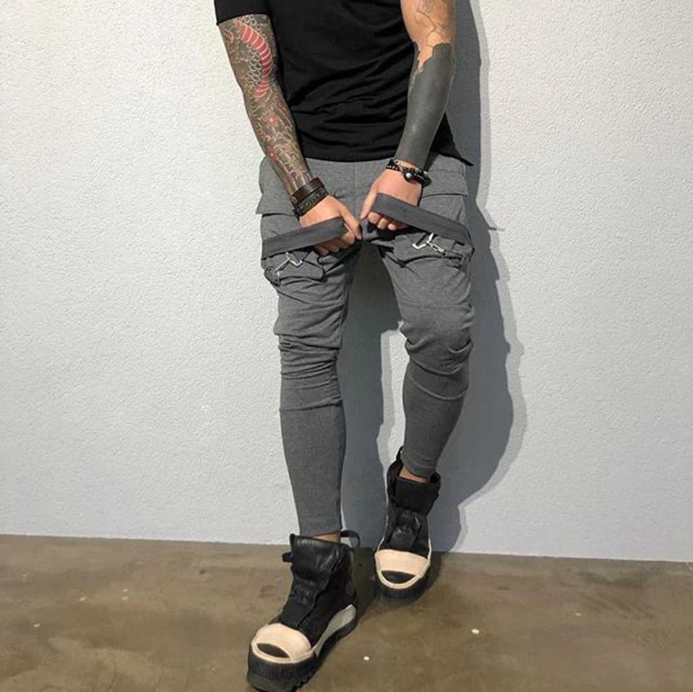 Mens running elastic tight sports pants breathable fitness casual cotton multi pocket pants ultra-thin legs W250318