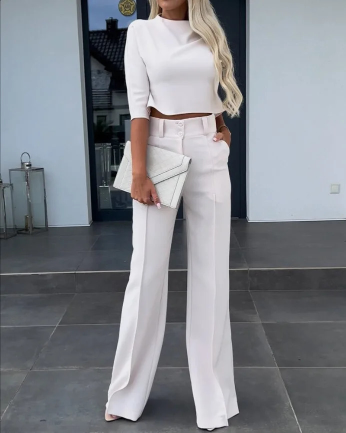 Spring And Autumn Fashion Small High Neck Slim Fit Womens Solid Pocket Micro Horn Pants Set For Office Lady 240815 B1