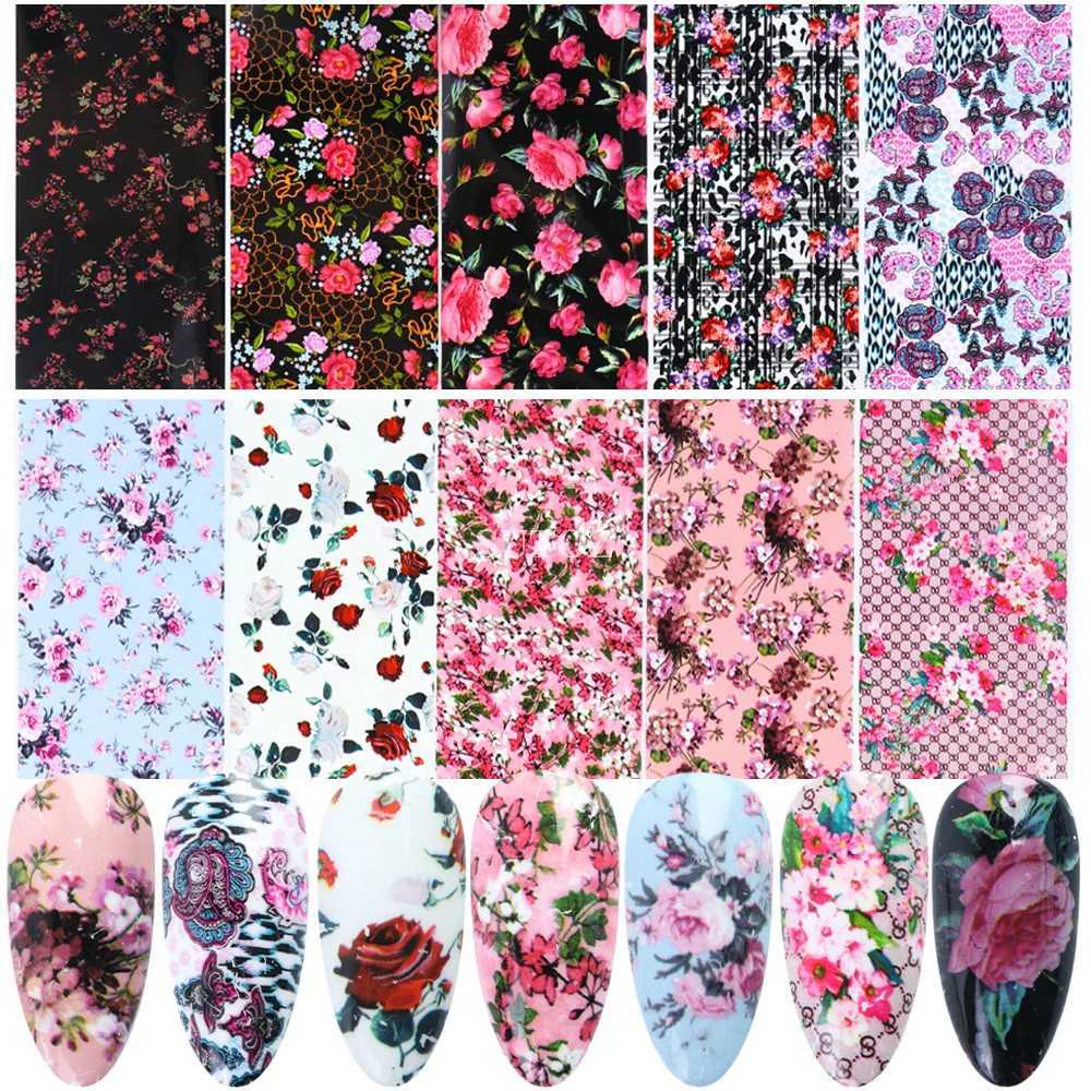 10pcs Floral Transfer Nail Foil Luxury Nail Stickers Rose Flowers Lettering Decals Leopard Starry Paper Manicure Wraps NL3108XJ240814