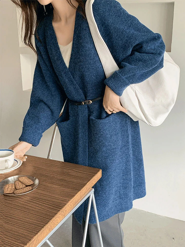 Women Solid Color Loose Thick Warm Sweater Cardigan Pocket Ladies Spring Autumn V Neck Knitted Coat Female Casual Tops C-124 240815