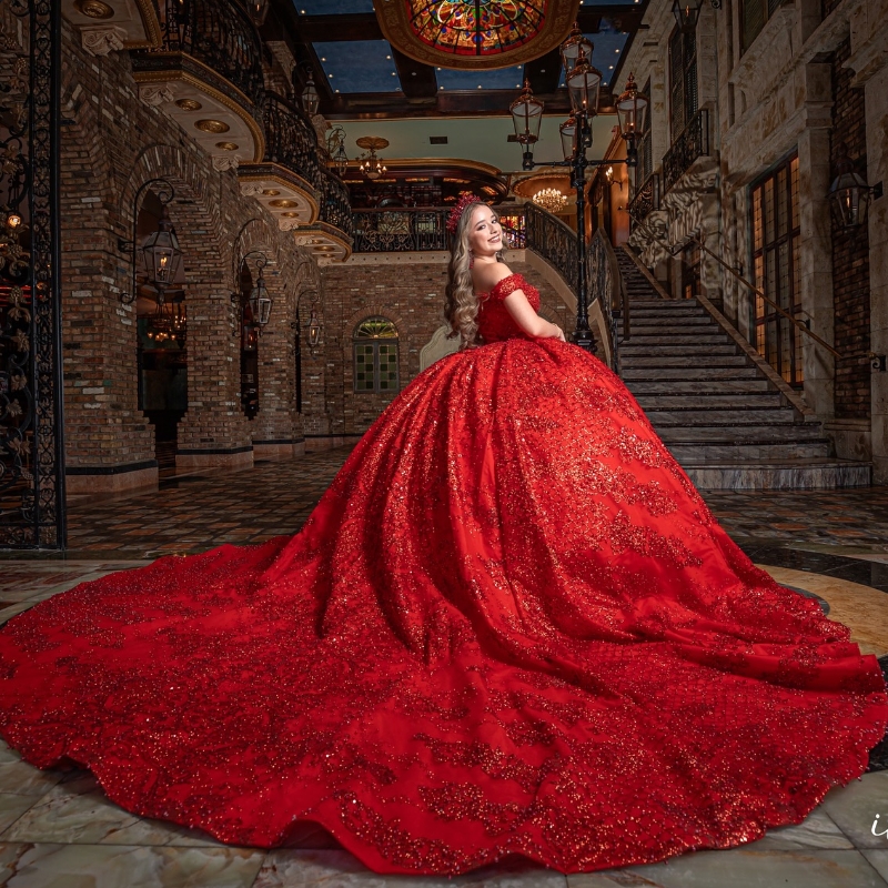 Red Shiny Quinceanera Dressess 2024 Off The Shoulder Beads Crystal Lace Tull Ball Gowns Sweet 16 Dress Vestidos De 15 Anos
