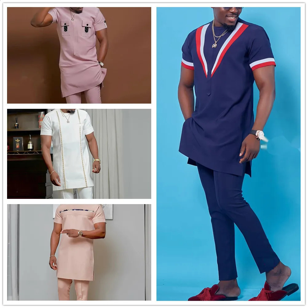 Summer African Men Clothing Suit Dashiki Male Outfits 2PCS Set Solid Color Stitching Short Sleeve Top and Pants Party Business 240814