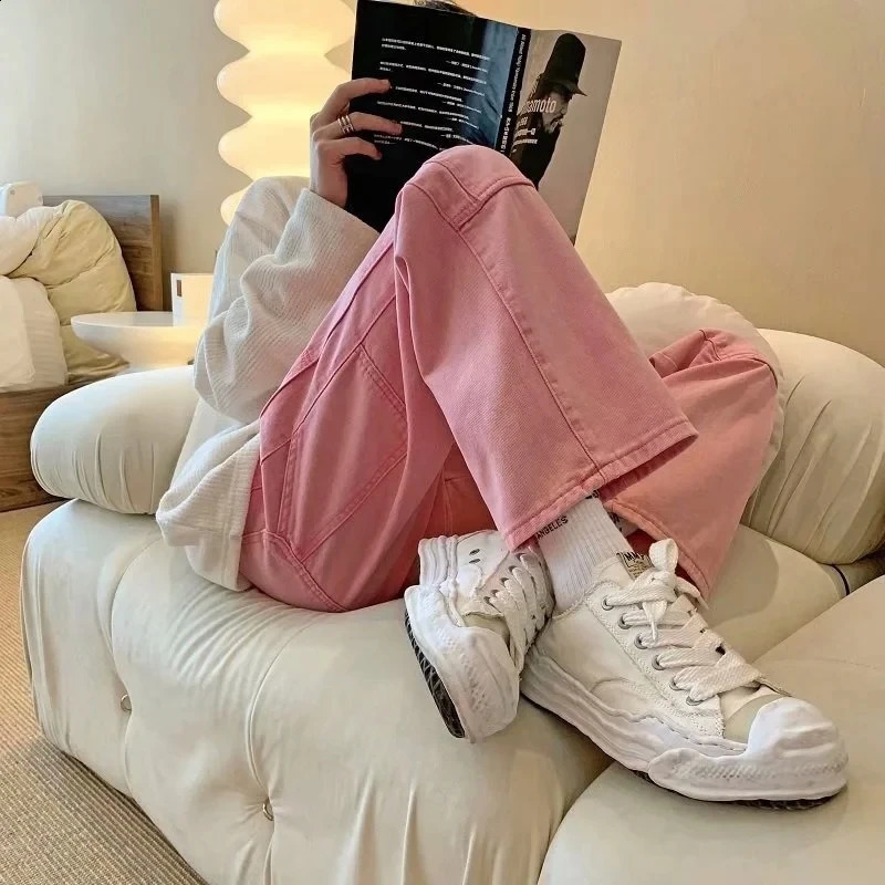 Cargo Pink Jeans Men Fashion Harajuku Casual Baggy Straight Jeans Men Streetwear Loose Hip Hop Denim Pants Mens Trousers S-3XL 240814
