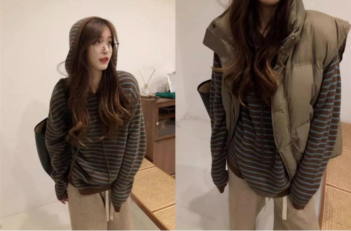 Tops Wide Casual Korean Hooded Striped Fashion Sweater Outer Wear Women Autumn and Winter 240815