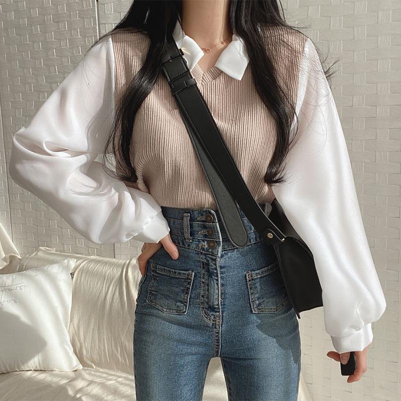 2024 Large Fat mm Fake Two Piece T-shirt Women's Panel POLO Collar Long Sleeve Sweater Thread Loose Versatile Top dfa15 581b8