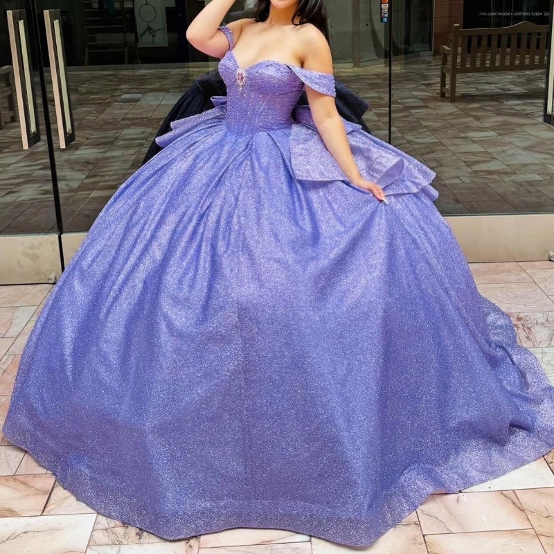 Lavender Shiny Quinceanera Dressess Ball Gowns 2024 Off The Shoulder Beads Crystal Tull Sweet 16 Dress Vestidos De 15 Anos