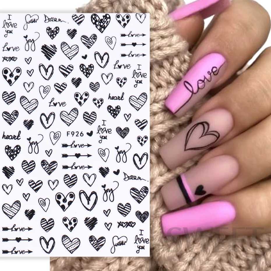 3D Love Heart Nail Sticker Valentines Day Nail Art Decoration English Letter Sliders Geometric Decal DIY Manicure Design TipsXJ240814