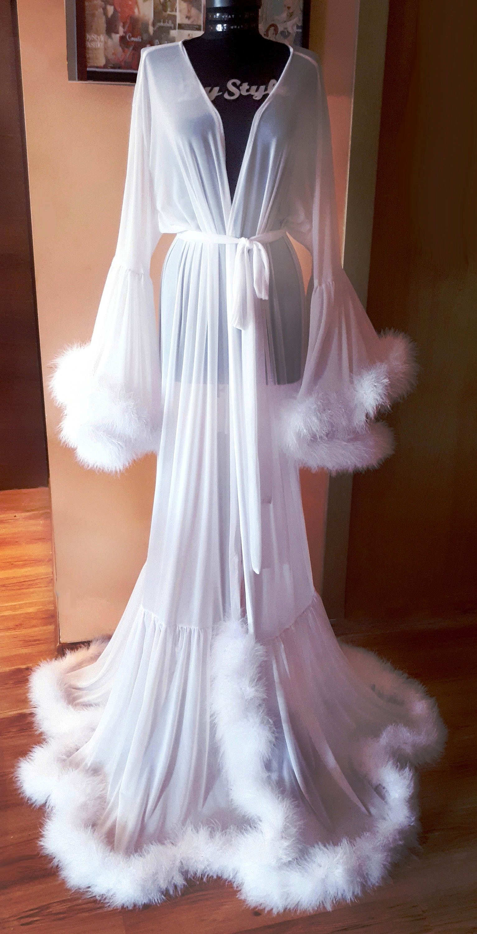 Illusion Women Bathrobe V Neck Long Sleeve Sash Pregnant Party Sleepwear Fur Ruffles Draped Robe Maternity Photo Evening Dresses