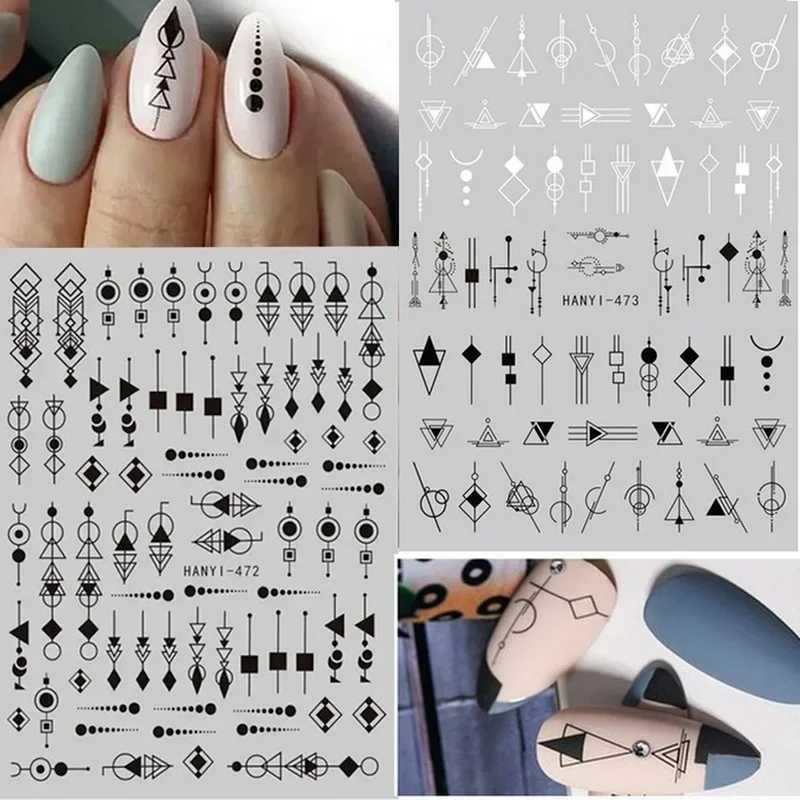 Back Glue Stickers 3D Nail Stickers Black White Geometric Drawings Designs Nail Decals Decoration For Nail Art BeautyXJ240814