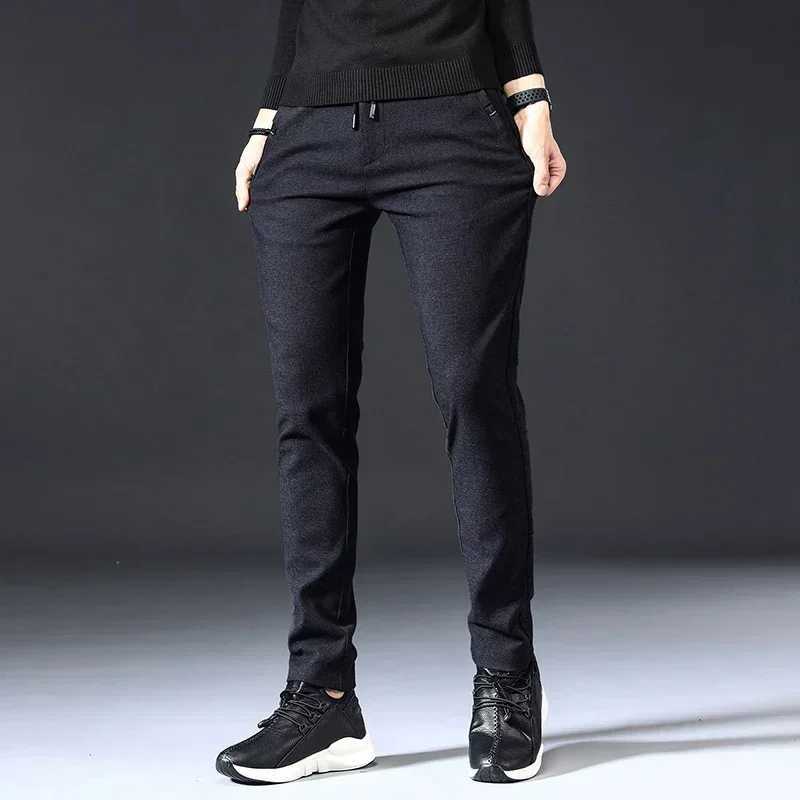 Autumn and winter brushed fabric casual pants mens thick work pants brushed elastic waist ultra-thin black mens plus size 38W240725