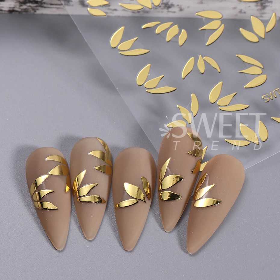 3D Gold Silver Flowers Leaf Nail Art Sticker Simple Florals Petals Leaf Self Adhesive Sliders Manicure Decorations For Nail TipsXJ240814