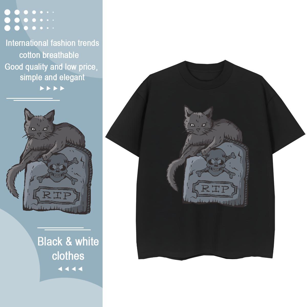 Unisex Mens T Shirts cat Crew Neck Breathable Street Casual Anime 230g Cotton Men Tops Tees 2024 Summer Tops Shirt