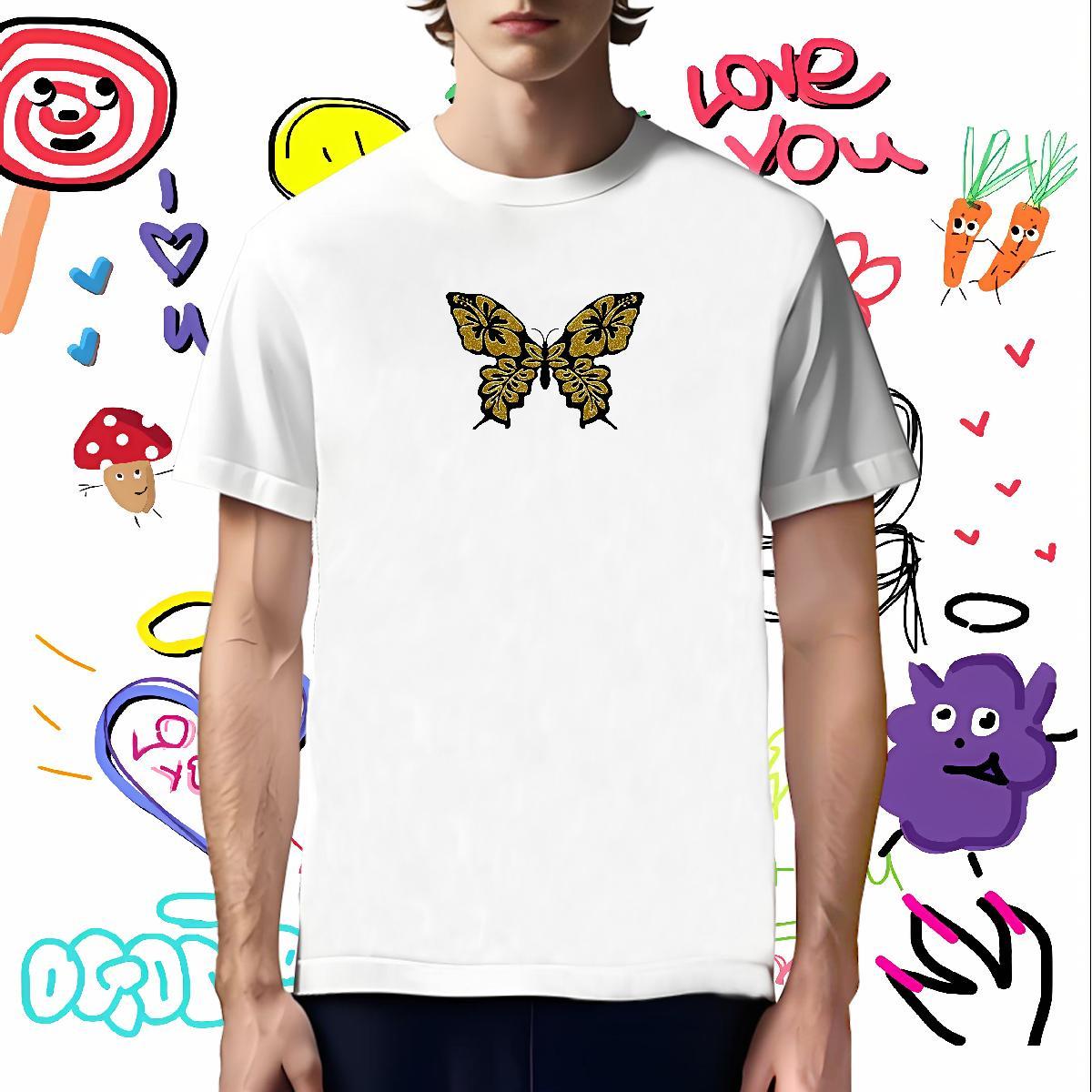 Cool T-Shirts for Men Butterfly Short Sleeve O-Neck Sport Custom Printed 230g 100% Cotton Men Clothes T-Shirt Classic Polos