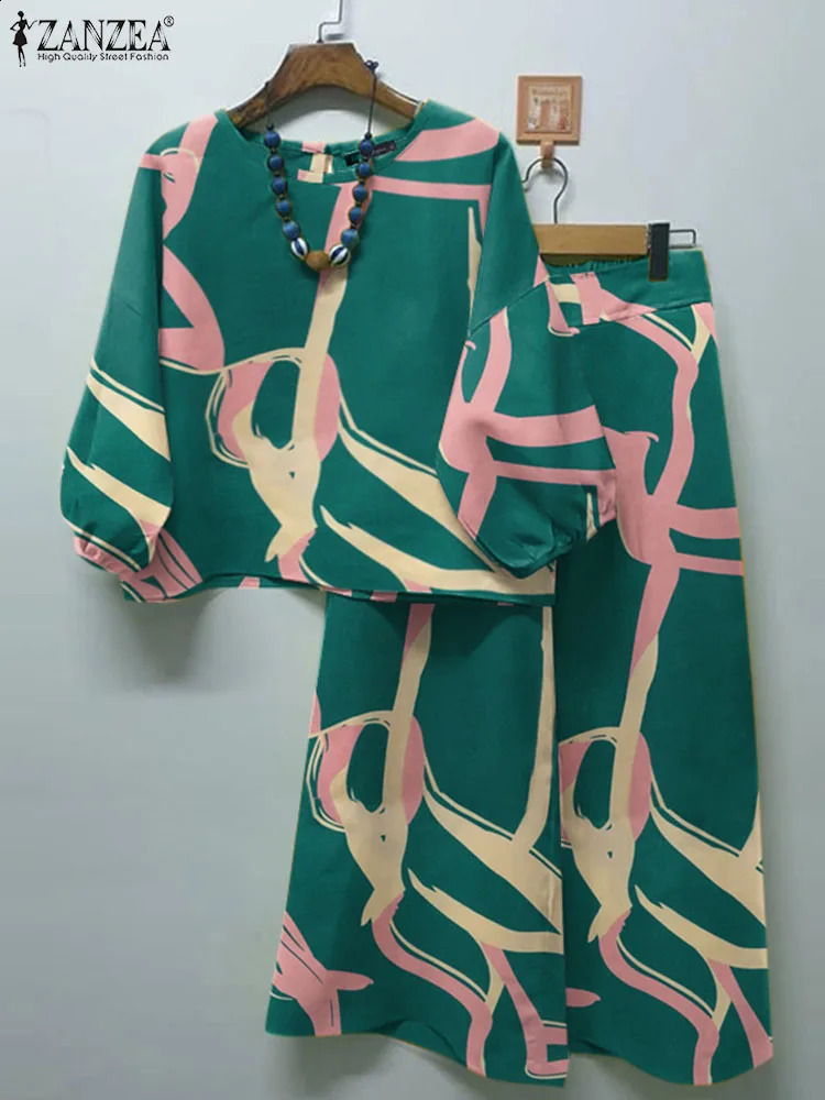 ZANZEA Women Bohemian Floral Printed Matching Sets Vintage 3/4 Sleeve Blouse Wide Leg Pants Suits Casual Work Tracksuit 2PCS 240815