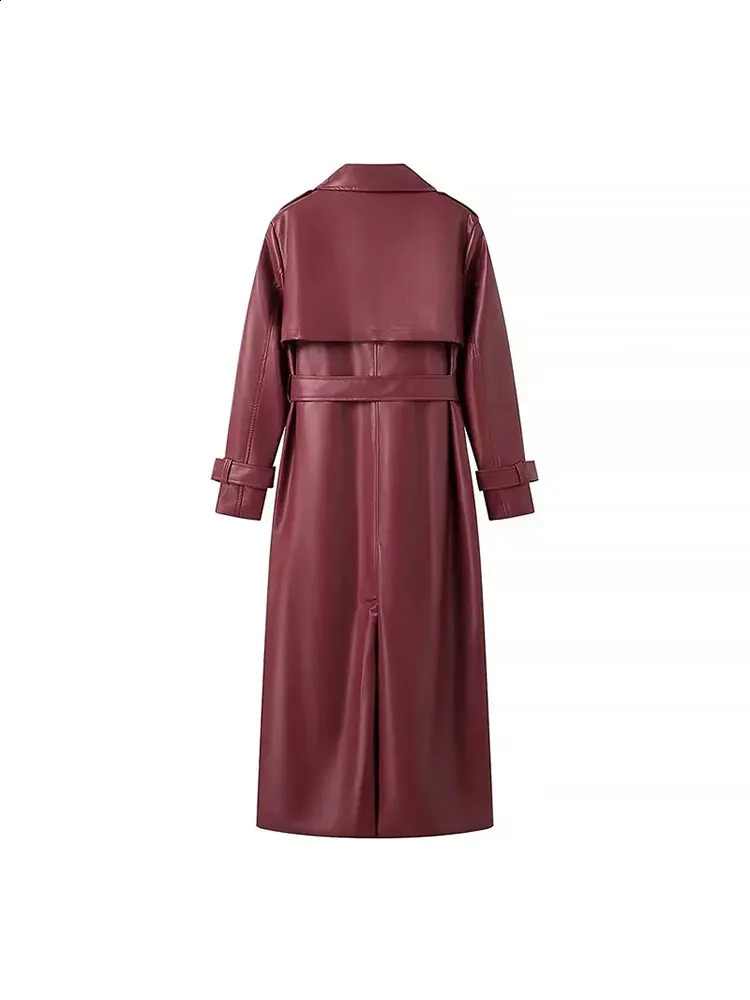 TRAF Womens Style with Long Single Chest Artificial Leather Jacket Retro Sleeve Pocket 240814