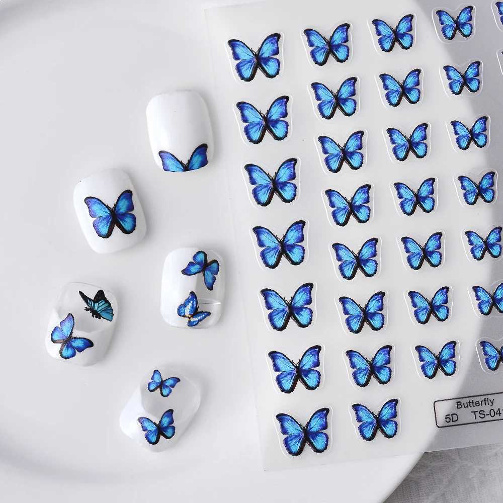 1PCS 5D Embossed Nail Supplies Blue Butterfly Nail Sticker Seasons Self-Adhesive Flower Nail Decor Decals DlY Press On NailsXJ240814